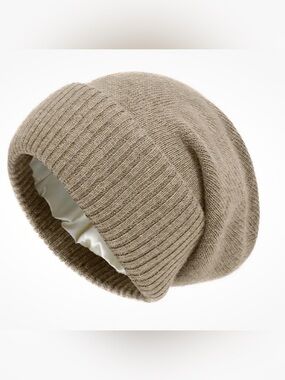 NWOT- 100% Cashmere Satin Lined Double Roll Cuff Beanie